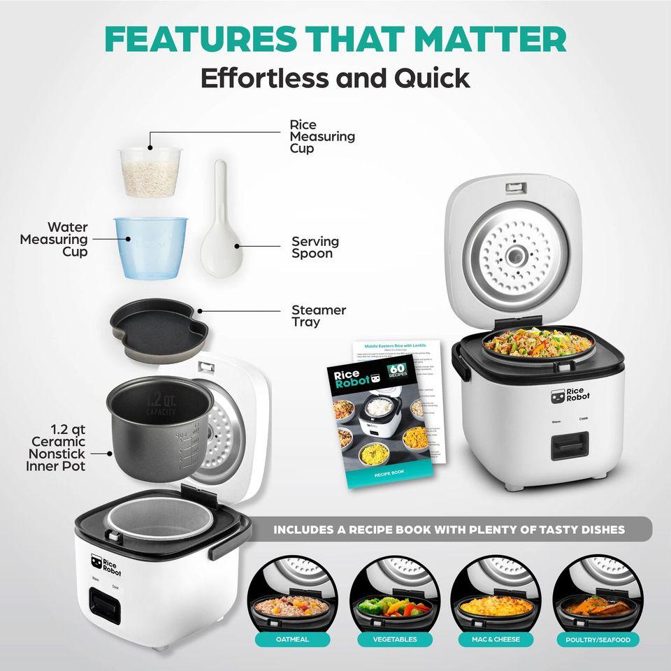 Rice Robot - All in One Cooker - Cook Anything with a single button! PFAS-free, Nonstick Ceramic Bowl, Steamer Tray, Measuring Cups, Recipe Book with 60 Recipes, & Serving Spoon