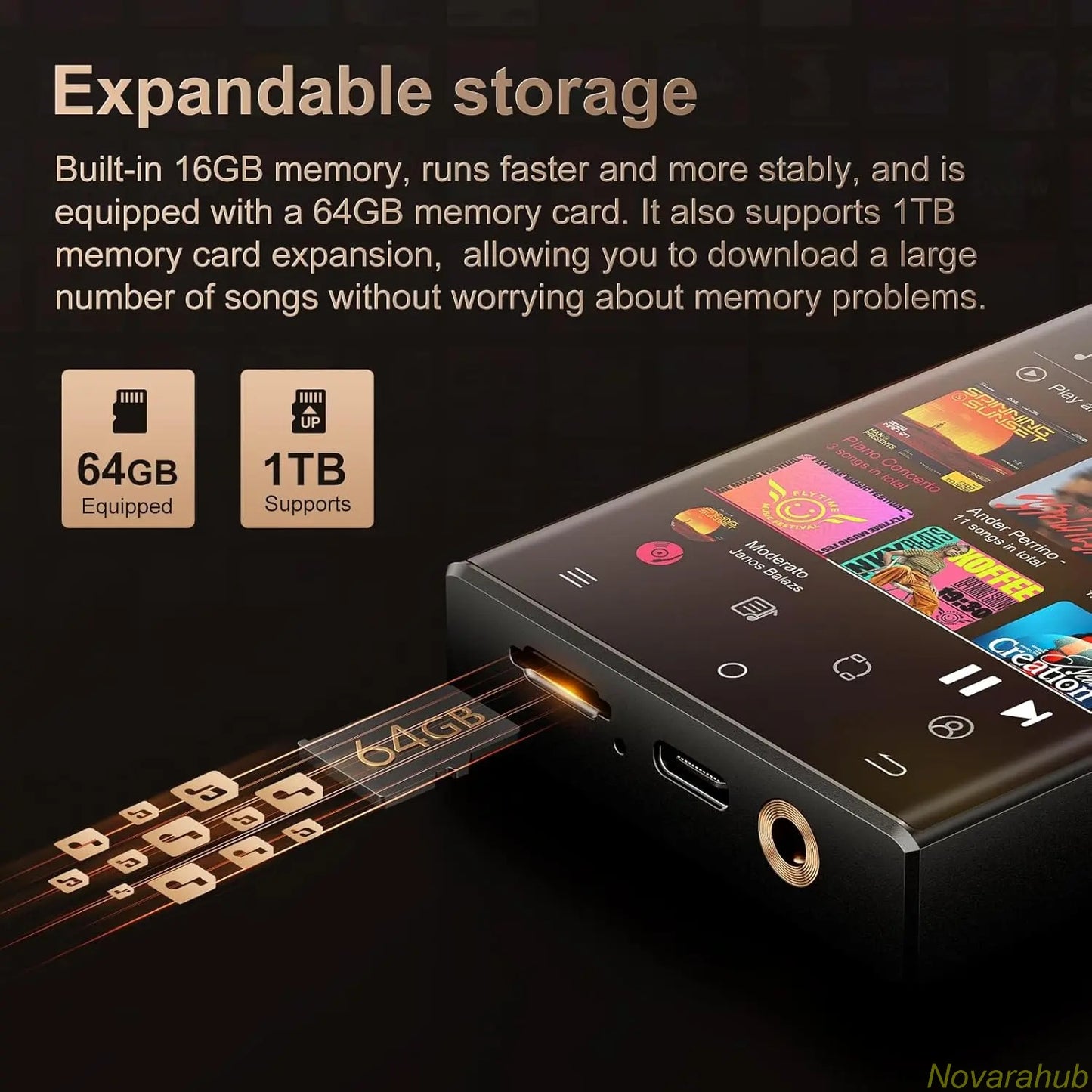 MP3 Player with Bluetooth and Wi-Fi, Lossless DSD High-Resolution Portable Digital Audio Music Player with 64GB Memory Card, Supports up to 1TB Storage, Portable Players