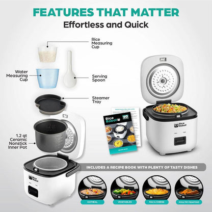 Rice Robot - All in One Cooker - Cook Anything with a single button! PFAS-free, Nonstick Ceramic Bowl, Steamer Tray, Measuring Cups, Recipe Book with 60 Recipes, & Serving Spoon