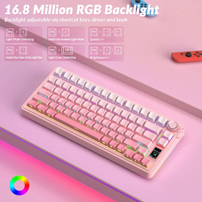 Wireless Mechanical Gaming Keyboard with Screen Knob RGB Rainbow Backlit Tri-Mode 2.4G USB-C Bluetooth5.0 Hot Swappable Gaming Keyboard for Gamers Gaming PC Accessories Creamy Keyboard for PC/Mac/Linux