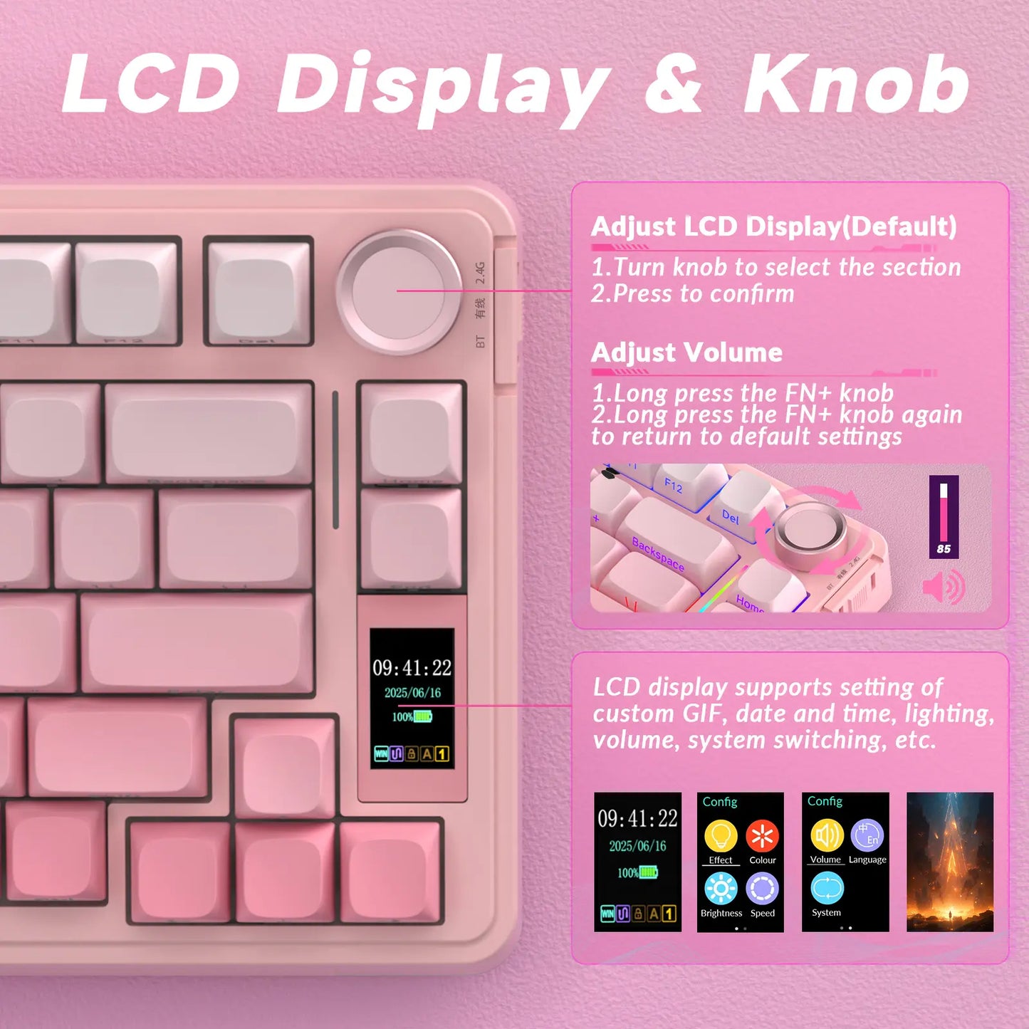 Wireless Mechanical Gaming Keyboard with Screen Knob RGB Rainbow Backlit Tri-Mode 2.4G USB-C Bluetooth5.0 Hot Swappable Gaming Keyboard for Gamers Gaming PC Accessories Creamy Keyboard for PC/Mac/Linux