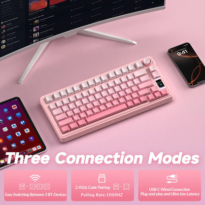 Wireless Mechanical Gaming Keyboard with Screen Knob RGB Rainbow Backlit Tri-Mode 2.4G USB-C Bluetooth5.0 Hot Swappable Gaming Keyboard for Gamers Gaming PC Accessories Creamy Keyboard for PC/Mac/Linux